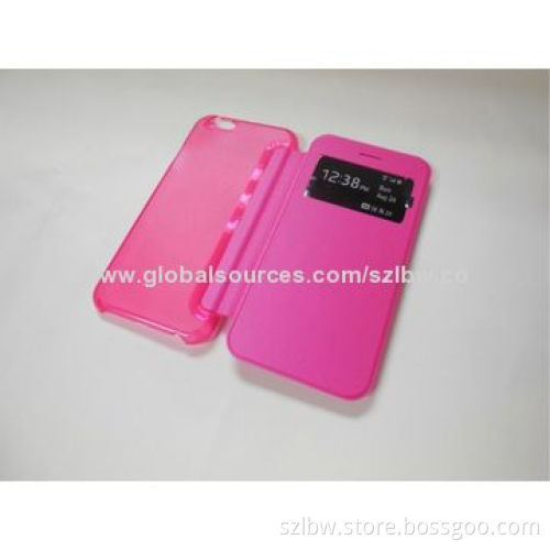Folio Leather Case for iPhone 6, 4.7-inch, View Window, Front PU + Red Transparent PC